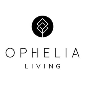 Brand logo for Ophelia Living: black circle with a geometric emblem above the thin uppercase text 'OPHELIA LIVING'.