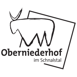 Logo for Oberniederhof im Schnalstal featuring a stylized goat silhouette above the name, with a tilted square outline in the background.